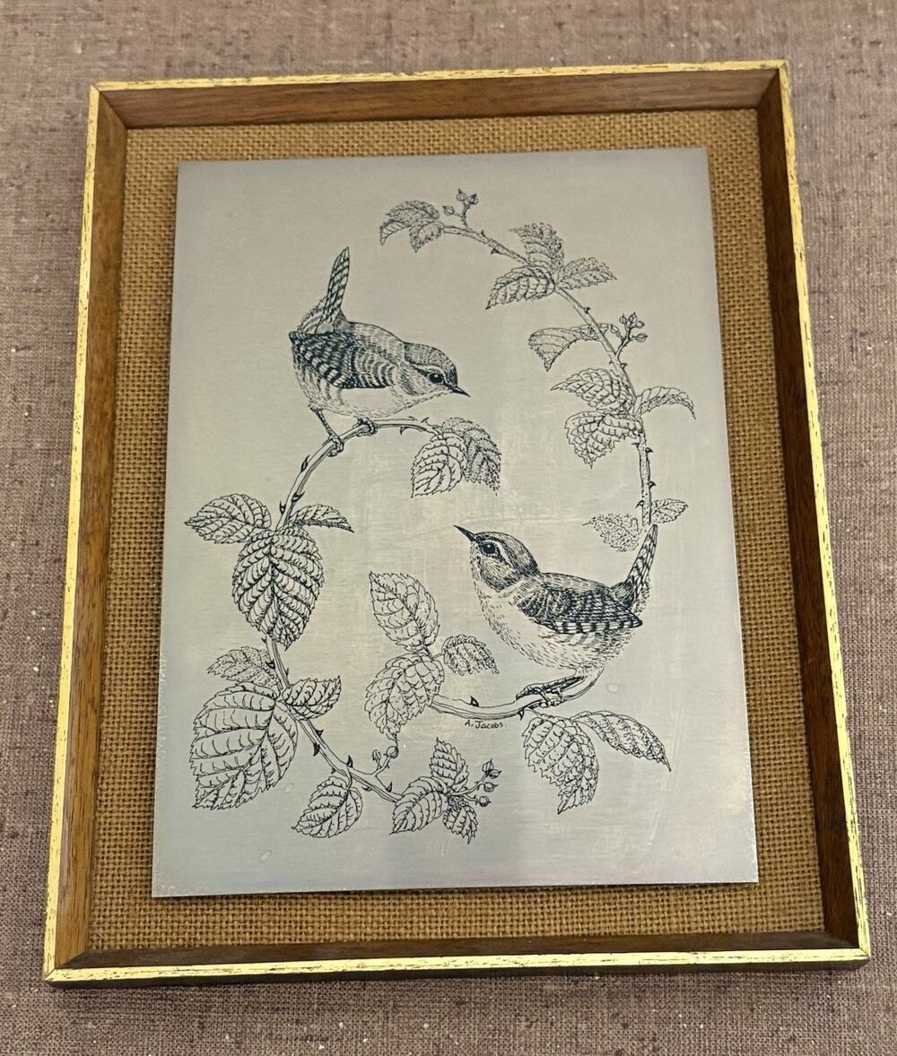 Vintage Etched Wall Art Framed Stainless Steel Burlap Wrens 2 Birds A. Jacobs